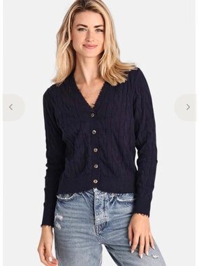 Minnie Rose Women's Navy Cable-Knit V-Neck Cardigan Sweater Medium NWT